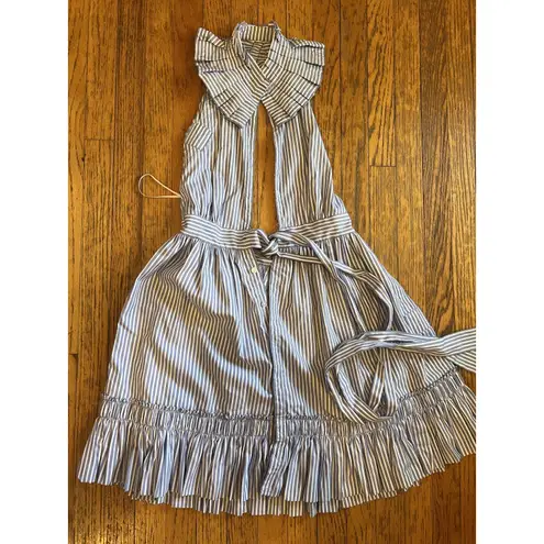 Alexis Dress Womens Medium Blue Stripe Ruffle Collar Tie Waist Button Front