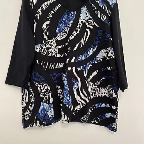 ALFRED DUNNER Black White Blue Cheetah Leopard Animal 3D Stripe 3/4 Sleeve Top L Size L