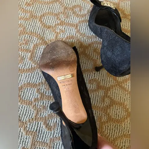 Dolce & Gabbana Black Lace Crystal Embellished Peep Toe Pumps Size 37