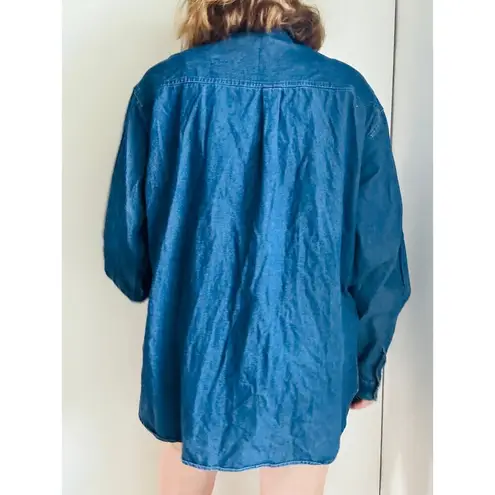 VTG 90s Denim Shirt Dark Wash Cotton Cheerleader Bears Size Large Embroidery Blue