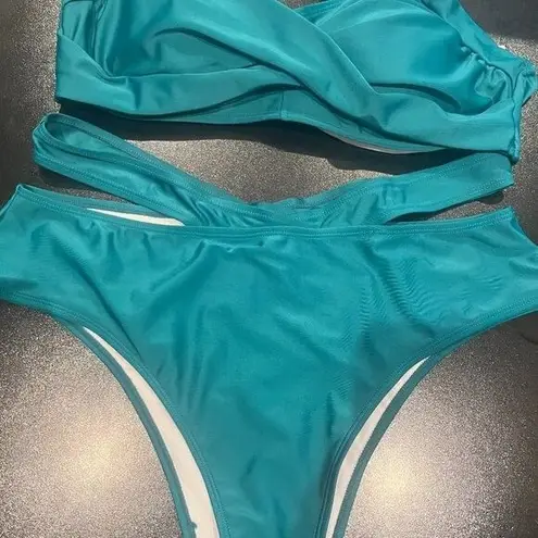 SheIn  Womens Two Piece Bathing Suit Bikini Plain Solid Blue 2XL Cheeky Bottoms