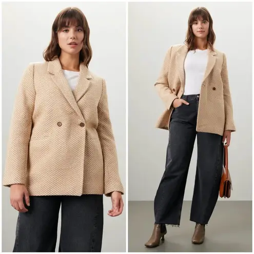 ANINE BING ππ Tweed Double Breasted Fishbone Blazer ~ Tan & Cream XL