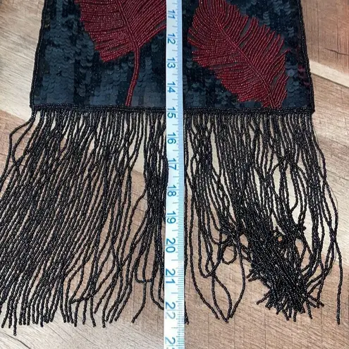 Vintage Retro Womens Sequin Beaded Bamboo Handle Fringe Handbag Black Maroon OS