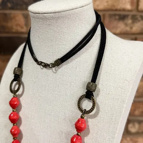 Vintage Red paper beads, bronze accents and leather chain & tassel necklace