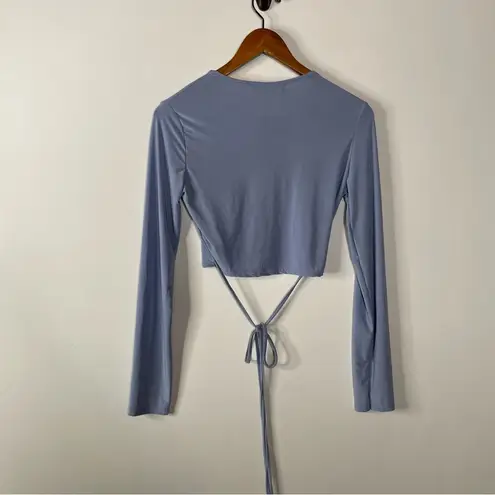 Pretty Little Thing  Powder Blue Slinky Long Sleeve Tie Waist Crop Top Size 6