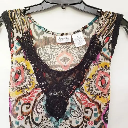 Forbidden Boho Sheer Tank Womens Top Size Medium Black Lace Ruffle