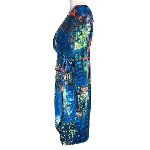 Oleg Cassini Faux Wrap Dress 4 Side Tie V-Neck Colorful Abstract Artsy Stretchy - Image 6