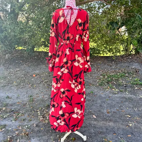 Band Of The Free Polly Red Floral Flowy Faux Wrap V Neck Maxi Dress Size M Size M