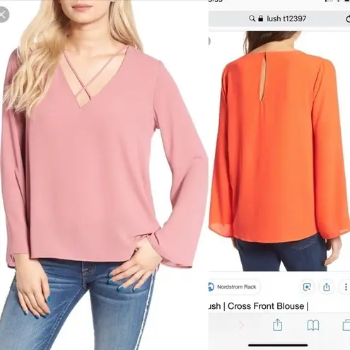 Lush Clothing Lush Cross Front Blouse Top V Neck Flare‎ Long Sleeves Maeve Womens Size L