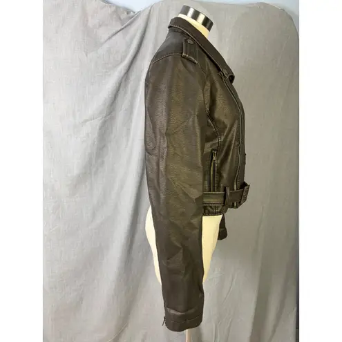 Stoosh Faux Leather Cropped Moto Jacket Brown XL Belted Biker Zip Short Coat - Image 5