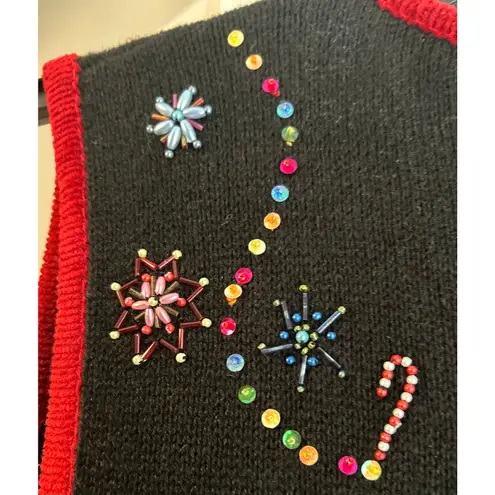 White Stag Holiday Knit Vest Snowmen Frolicking Sequins Beads Embroidered Black