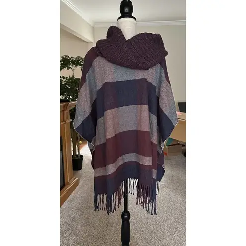 Johnston & Murphy Plaid Wine Red Blue Gray Poncho Cowl Neck w/ Fringe One Size