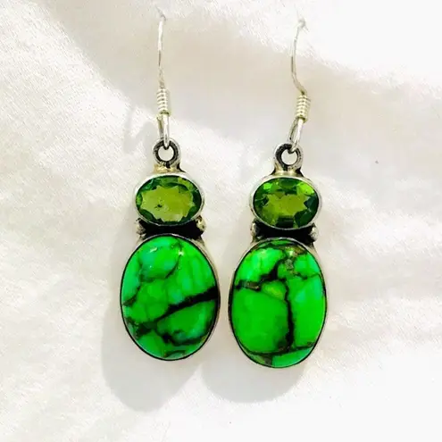 Sterling Silver Mohave Lime Green Copper Infused Turquoise Peridot Drop Earrings