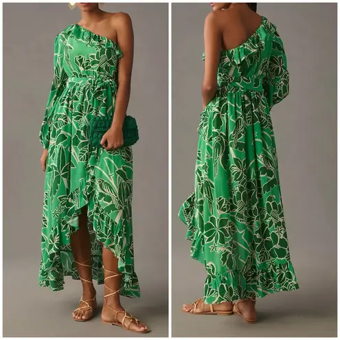 Farm Rio Anthropologie Printed One-Shoulder Ruffle Dress green - XS Petite $260