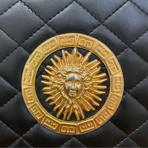 Vintage Unbranded Black Quilted Leather Medusa Sunburst Medallion Crossbody Bag