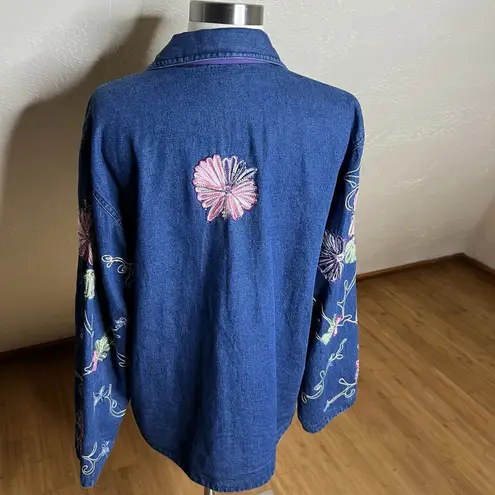 Vintage Denim Shirt Jacket Womens Medium Floral Beaded Embroidery Blue