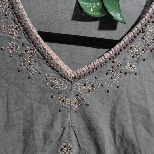Mountain Lake Forest Fairy Green Linen Blend Beaded Top V Neck 3/4 Long Sleeve Boho Woodsy L
