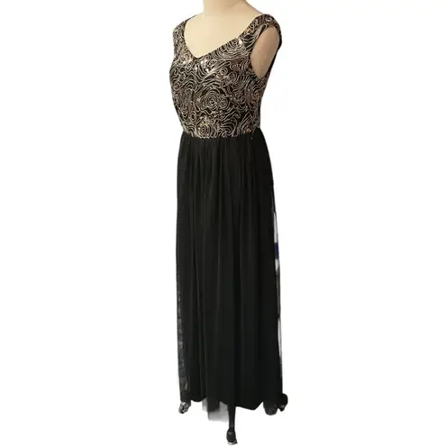 Candalite Womens Maxi Dress Black Lace Gold Sequin Tutu Sleeveless Scoop Size S