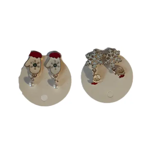 Christmas Santa Snowflakes Mittten Pearl Earrings Set Festive Holiday Jewelry Red