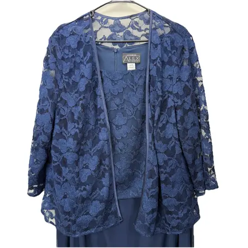 Alex Evenings Navy Blue Glitter Lace Two Piece Jacket Chiffon Midi Dress 22W