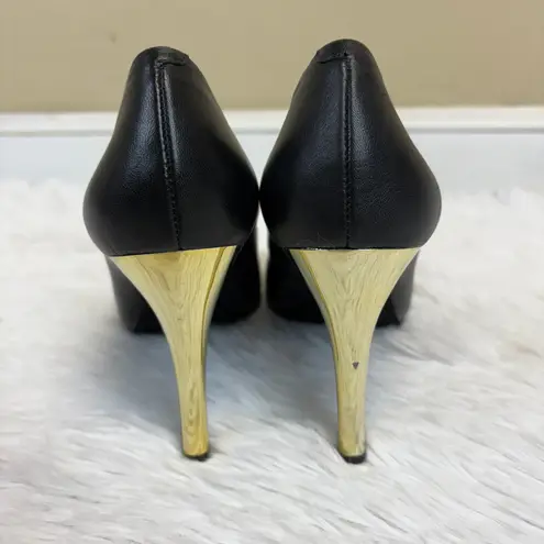 Michael Kors MK  Black Leather Pumps Gold Heel Cap Studded Toe Size 7.5