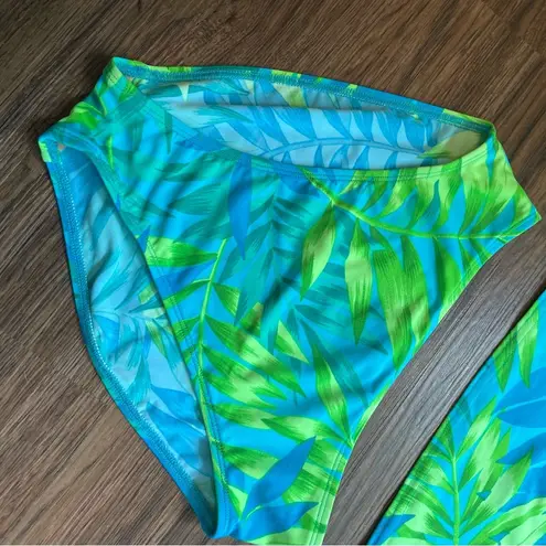 Vtg Y2K Tankini Swim Set Sz 12 Neon Abstract Palm Print High Rise Blue