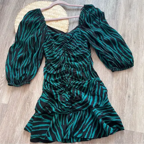 ZARA ‎ green zebra print mini dress ruched puff sleeves women’s size S