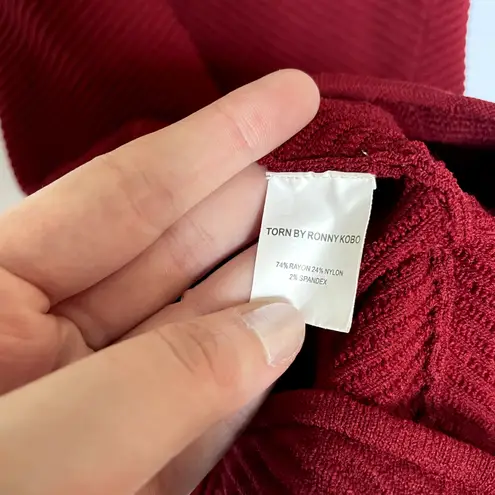 Torn By Ronny Kobo women's L midi bodycon bandage knit dress high neckline red