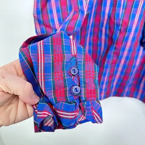 C.C. Additions Vintage Cottagecore Trad Wife Modest Ruffle Plaid Blouse Size M Blue Size M