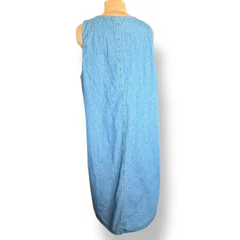 Vintage Quacker Factory Denim Jumper Midi Dress Plus 2X Yellow Floral Embroidery Blue