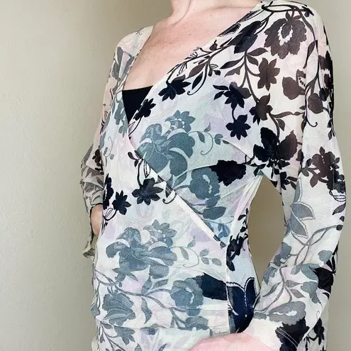 Karen Kane Sheer Burnout Black & Ivory Floral Flare Sleeve Blouse