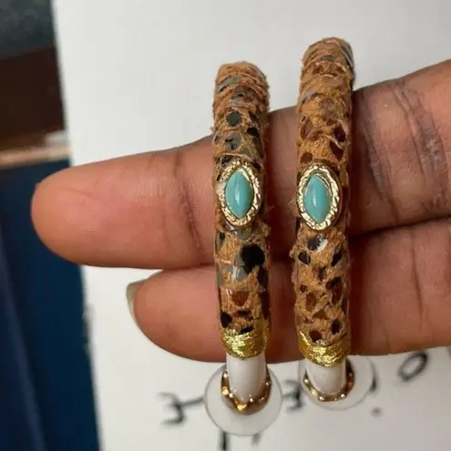 Turquoise Stone & Leopard Print Hoop Earrings With Gold Accents White