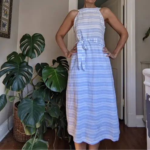 Sigrid Olsen Linen Dress 8 Blue White Striped Belted Pockets Nautical