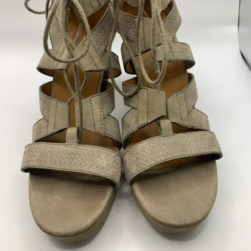 Paul Green  Hana Sandals Taupe Embossed Nubuck Leather Ghillie Platform Heel 7.5