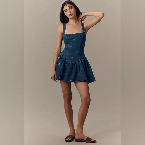 Avec Les Filles Dress Drop Waist Sweetheart Embroidered Denim NWT Size 8