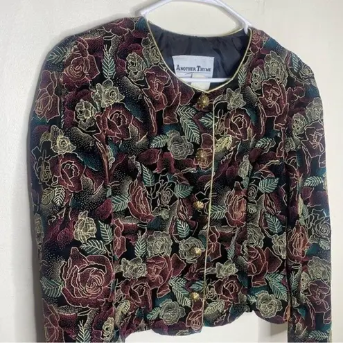 Another Thyme Vintage 90s Velvet Floral Gold Metallic Sparkle Blazer Size PM Black