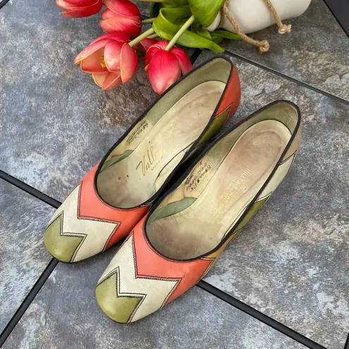 Vintage Mid Century Disco Square Toe Colorblock Leather Pumps Heel 9.5 MCM Retro Orange