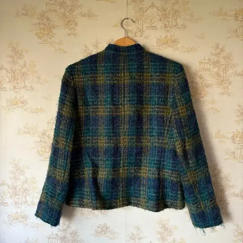 Vintage Jones New York green blue plaid angora wool mock neck cardigan jacket Size 12