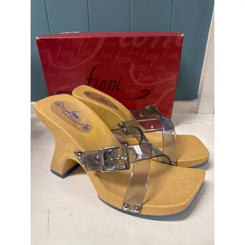 Fioni Wood Platform Heels Clear Strap Buckle Sandals 90s Y2K Size 6.5 Tan