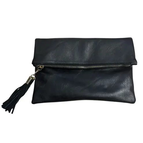 Shiraleah Chicago Tassel Clutch Black Purse Zipper Top Flap Front Faux Leather