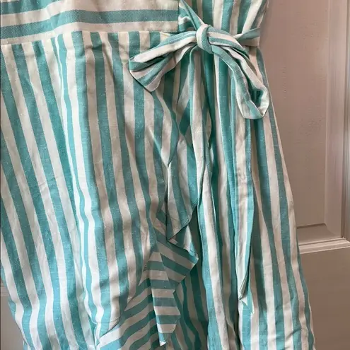 Draper James NWT Teal and White Puff Sleeve True Wrap Linen Mini Dress - Size XL
