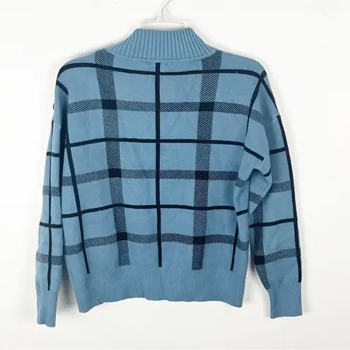 Tahari Blue And Black Plaid Side Button Accents Mock Neck Long Sleeves Sweater