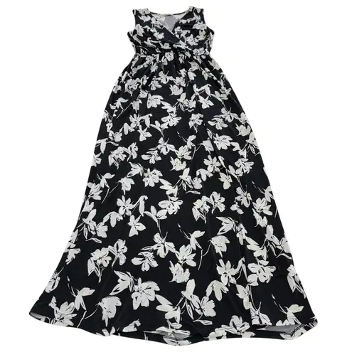 Gilli Dress Womens Small Black White Floral Maxi Sleeveless V Neck Made USA