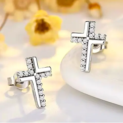 Boutique Diamond Cross Stud Earrings | White Gold Plated Silver