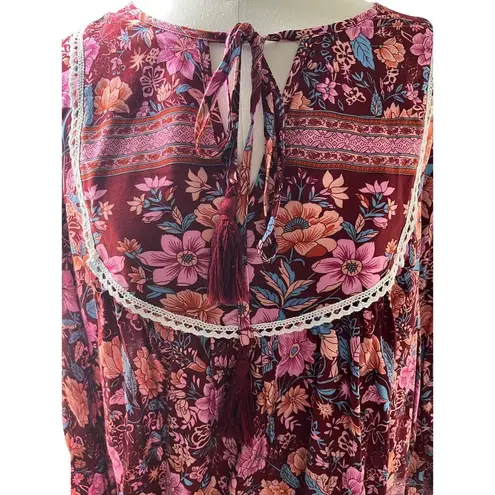 Pretty Garden Boho Cottagecore Blouse Large Pink Floral Tie Neck Peasant Top