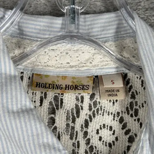Holding Horses Shirt Womens Small Blue White Striped Crochet Button Down Top