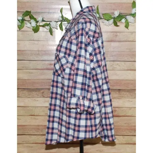 Red Ranch Women's Plaid Studded Button Up Shirt Size 2X Long Roll Tab Sleeves Blue