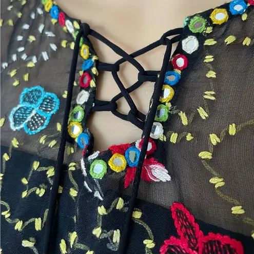 Vintage 90s Black Hand Embroidered Mirror Sequin Hippie Boho Whimsygoth Dress Size L