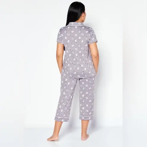 Rae Dunn Women 2 Piece Coffee Mug Print Soft Pajama Set Cropped Pant Gray Large