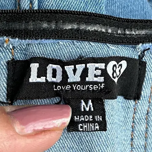 Love 83 Stretch Denim Strapless Corset Flare Bell Bottom Jumpsuit~M~